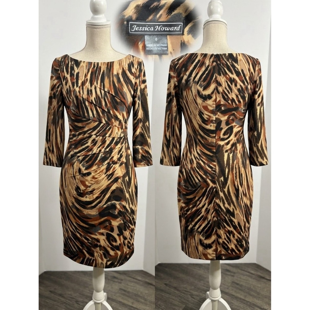 Jessica Howard Animal Print Sheath Dress - Size 6 - 3/4 Sleeve Pleated Ruched